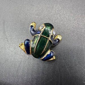 Vintage Frog Brooch Pin Vendome Gold Tone Enamel Green Blue Rhinestone Eyes